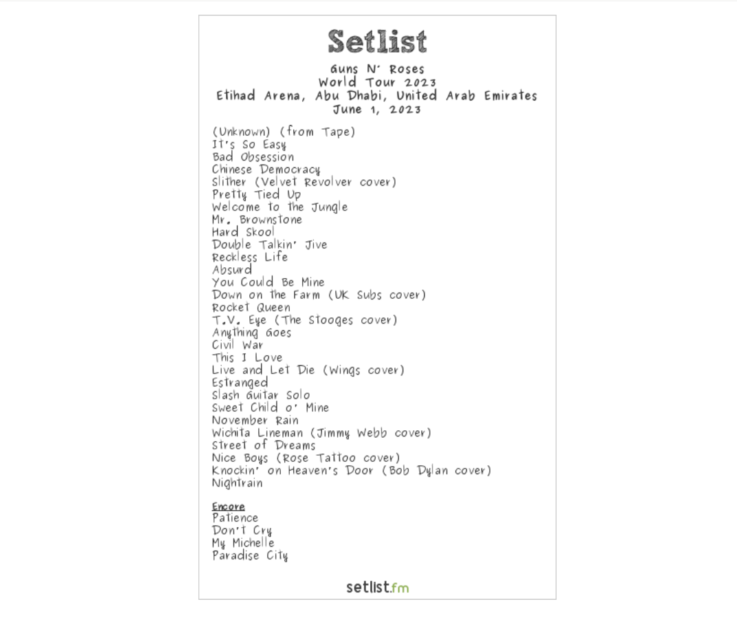 guns and roses world tour 2023 setlist
